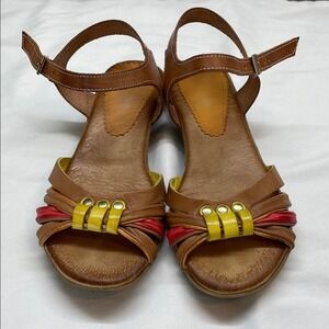 Leather Sandals Wedge Ankle Strap Brown‎ Yellow Red Size 38